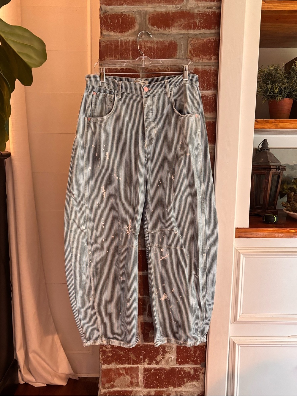 Free People Striped Barrel Jeans